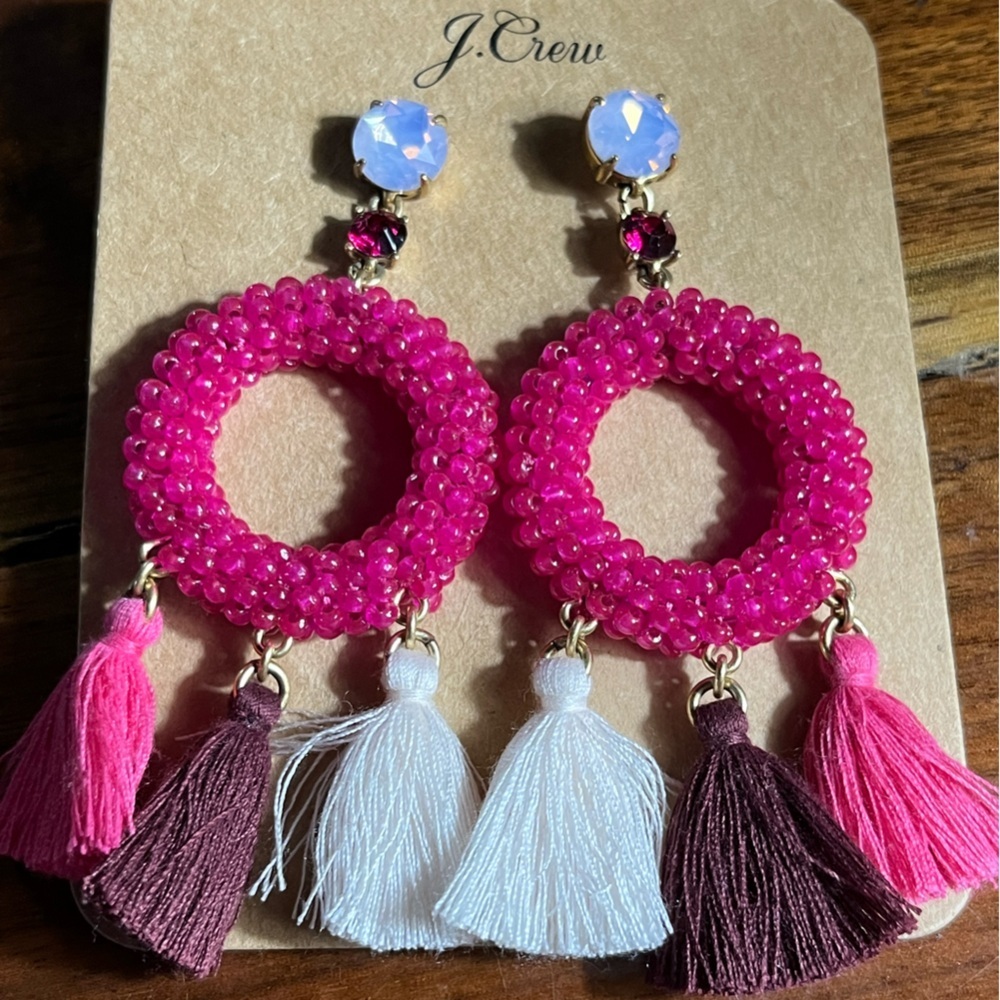 J. Crew Fuchsia And White Beaded Hoop Earrings